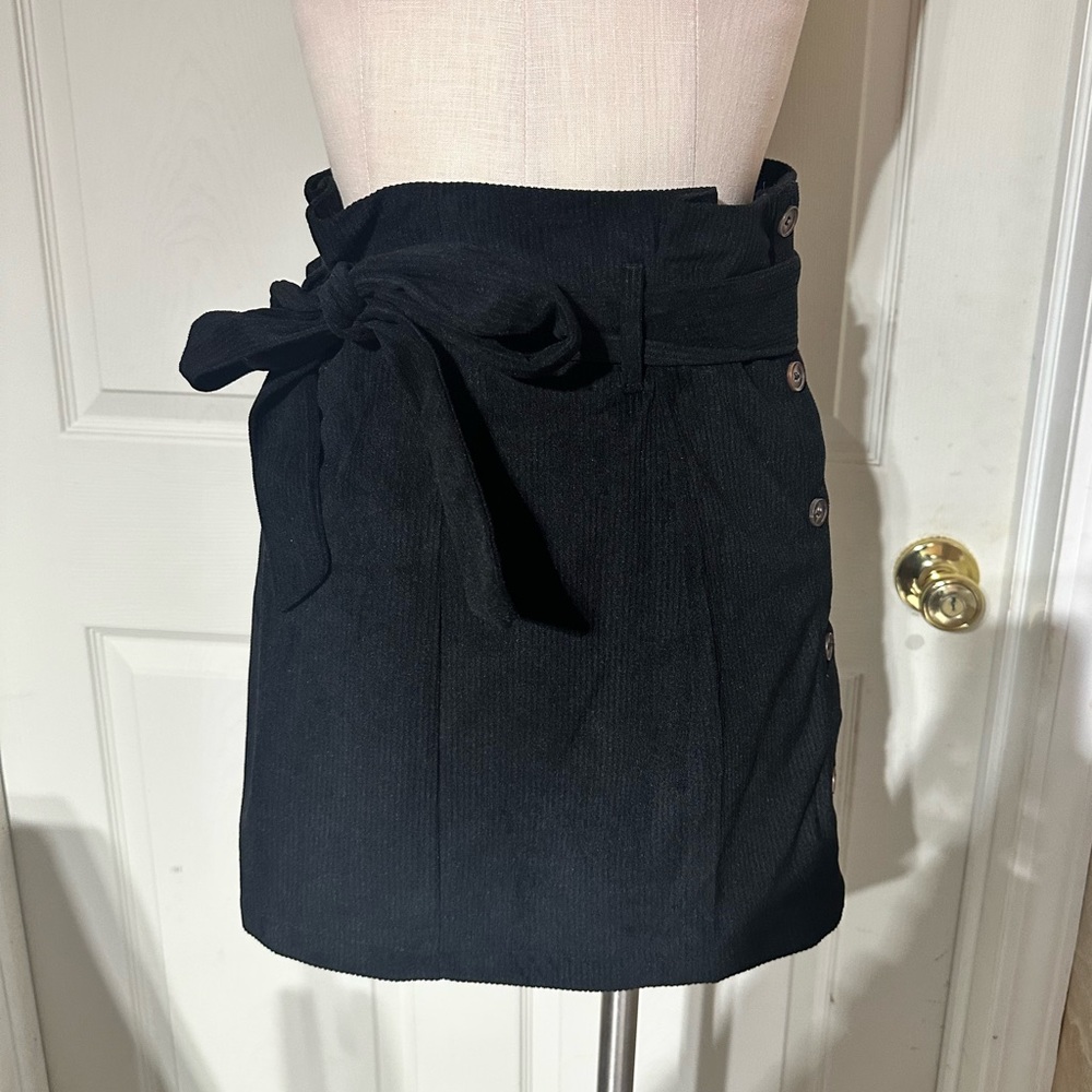 Black corduroy belted button skirt